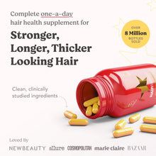 Red bottle with yellow capsules and text 'Stronger, Longer, Thicker Looking Hair'