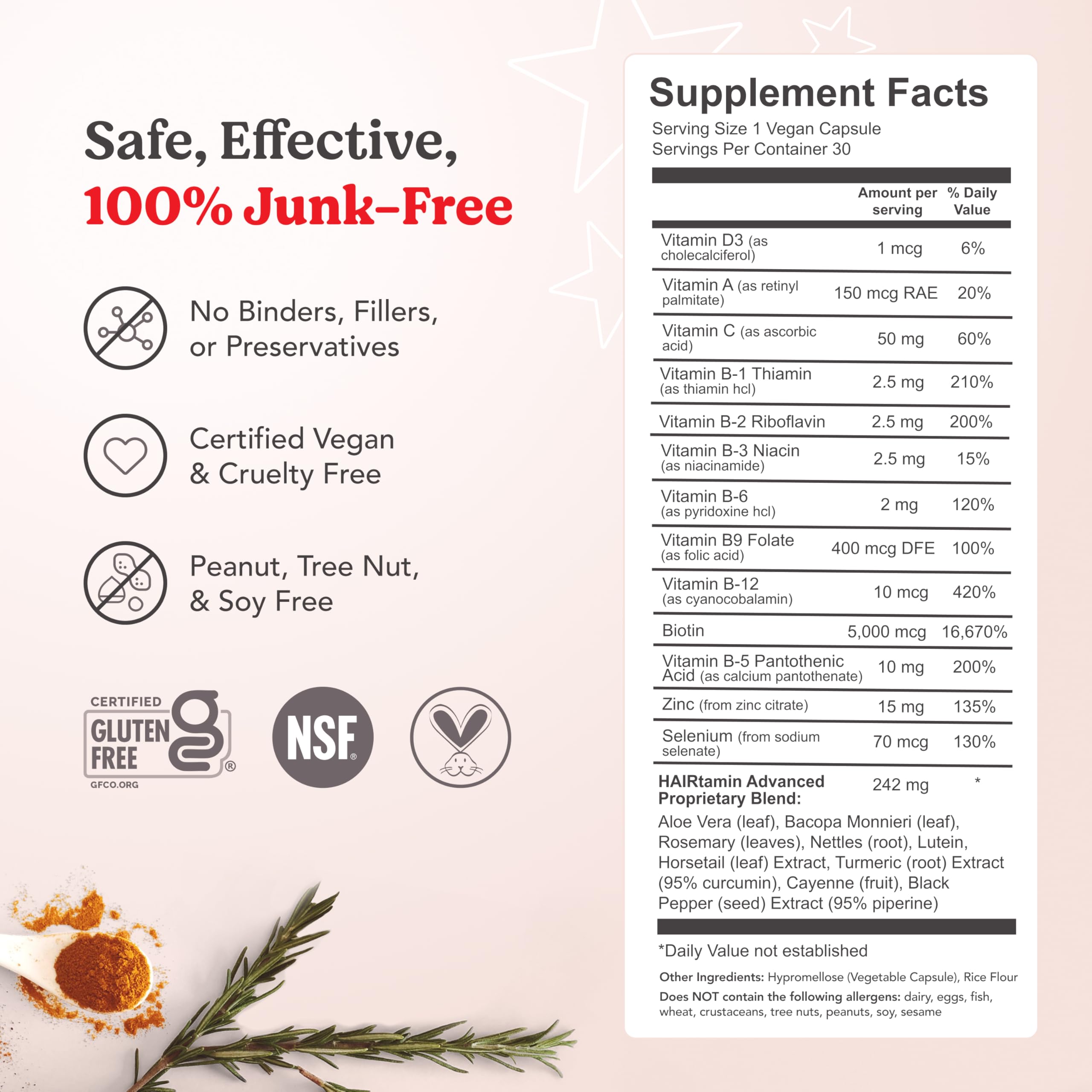 HAIRtamin bottle and supplement facts card showing safe effective 100 percent junk free and gluten-free hair growth vitamins