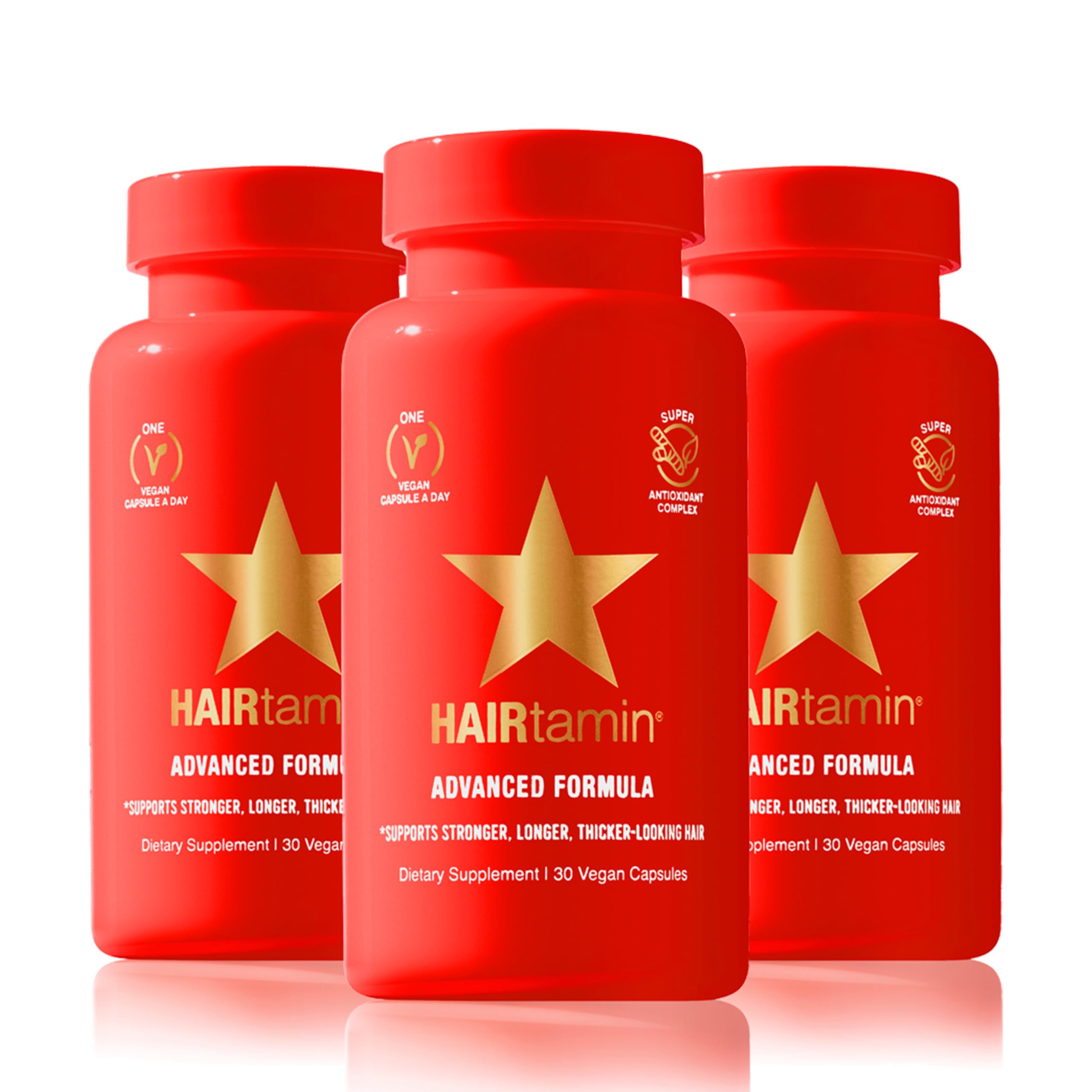 HAIRtamin three red bottles advanced formula dietary supplement gluten-free hair growth vitamins