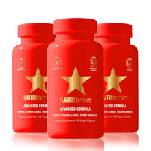 HAIRtamin red supplement capsule bottles, 3-pack, 'Advanced Formula' labels with star logos