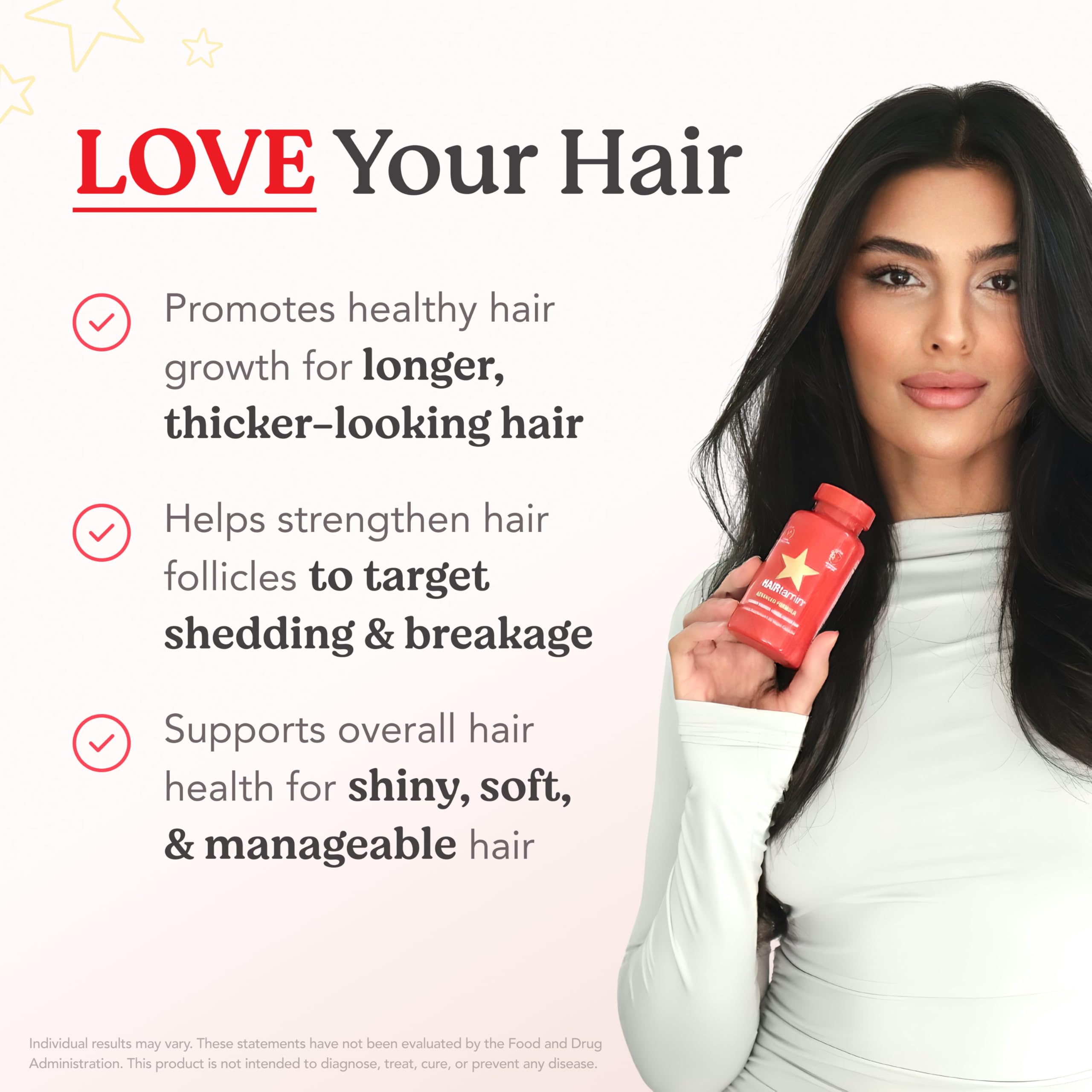 HAIRtamin gluten-free hair growth vitamins red bottle held by woman next to text about longer thicker hair