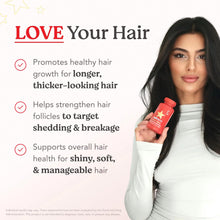 Woman holding a red hair supplement bottle next to 'Love Your Hair' benefit callouts
