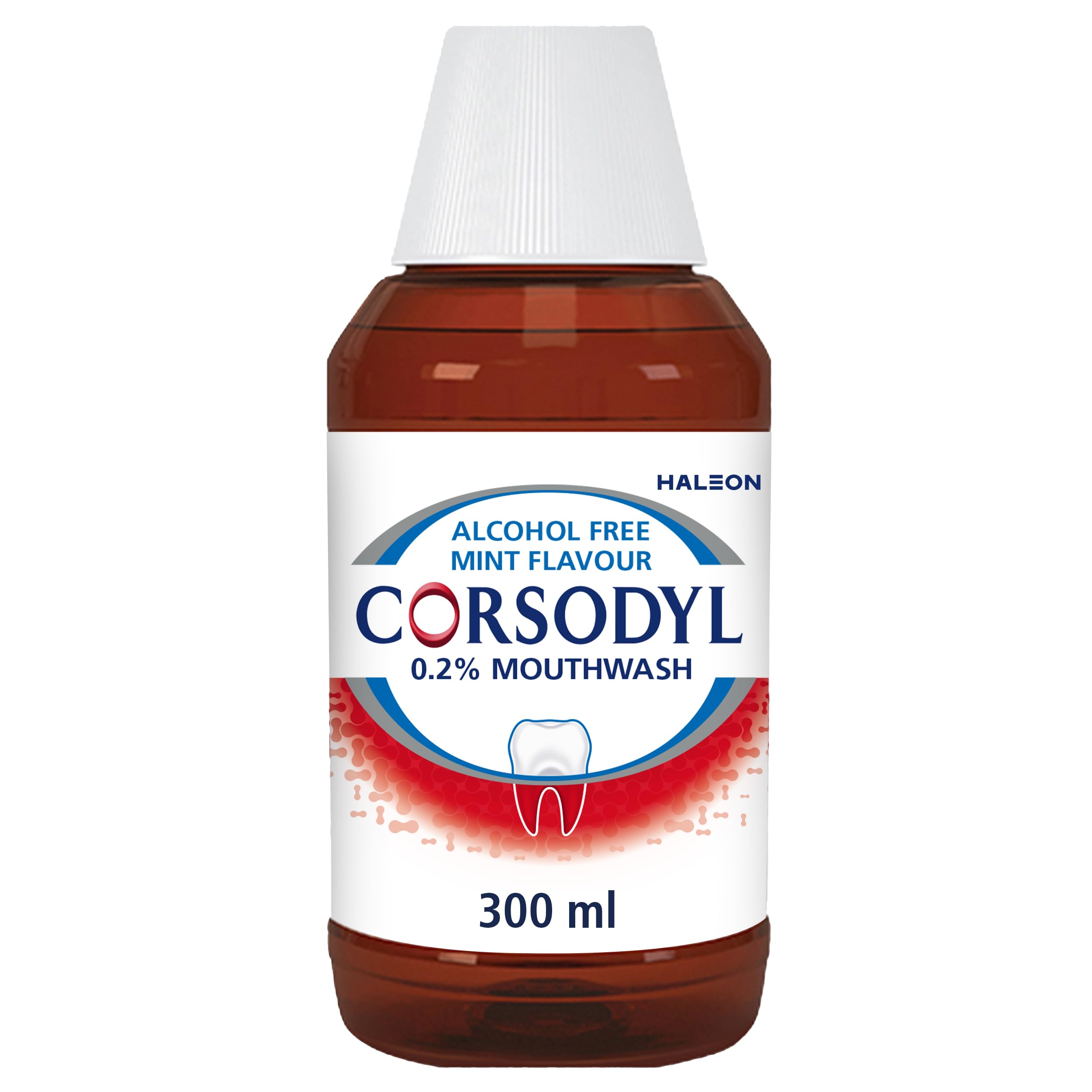 Corsodyl mouthwash for gum disease 300 ml alcohol free mint flavour zero point two percent brown bottle with white cap