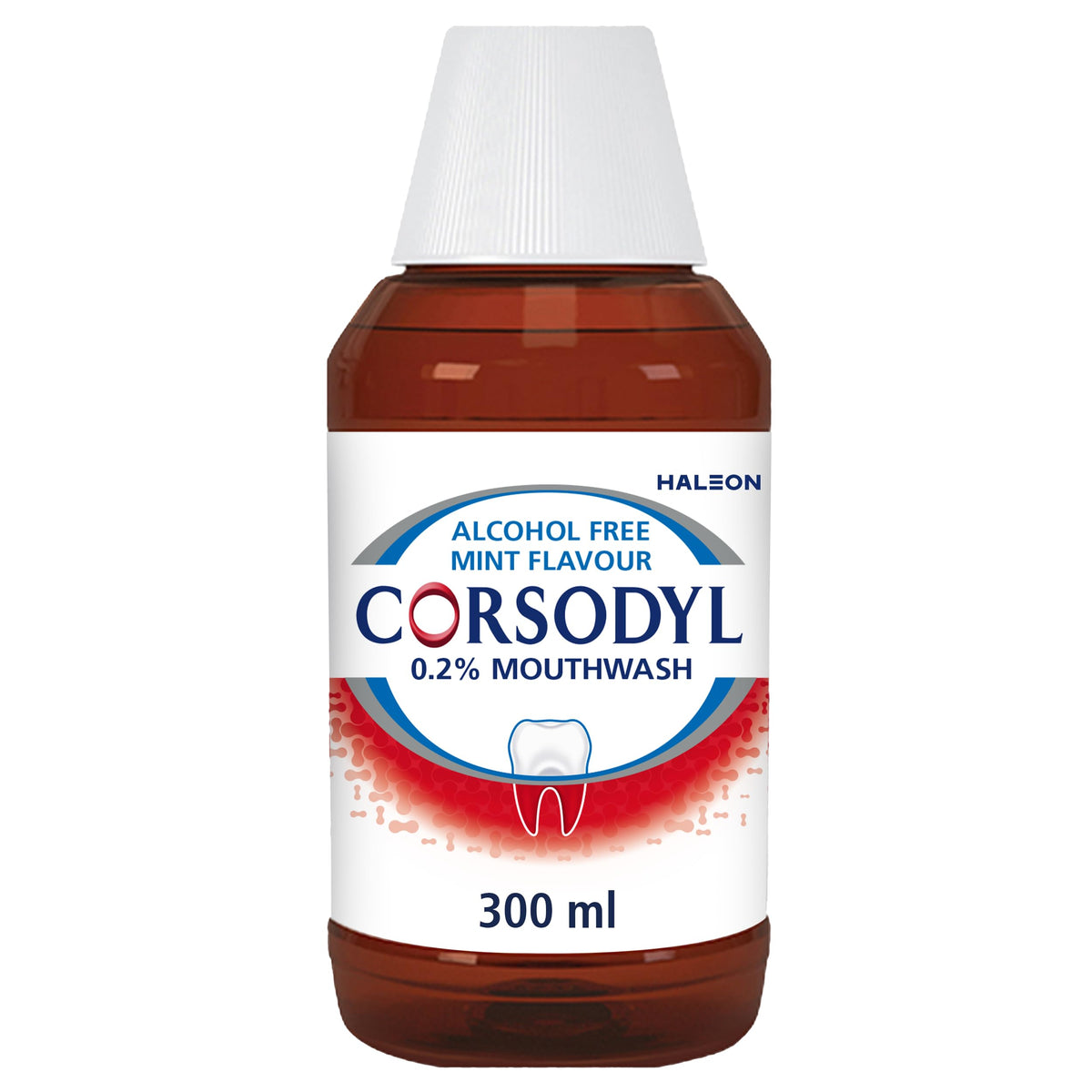 Corsodyl mouthwash for gum disease 300 ml alcohol free mint flavour zero point two percent brown bottle with white cap