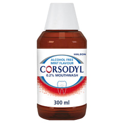 Corsodyl mouthwash for gum disease 300 ml alcohol free mint flavour zero point two percent brown bottle with white cap