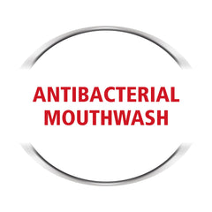 Corsodyl mouthwash for gum disease antibacterial mouthwash label with red text inside circular badge