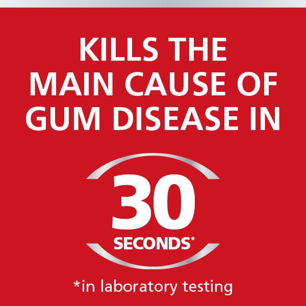 Corsodyl mouthwash for gum disease packaging text claims kills main cause of gum disease in 30 seconds red label