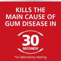 Corsodyl mouthwash for gum disease packaging text claims kills main cause of gum disease in 30 seconds red label