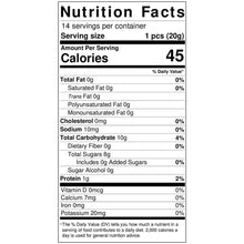 Nutrition facts panel for 20g serving of pomegranate collagen jelly