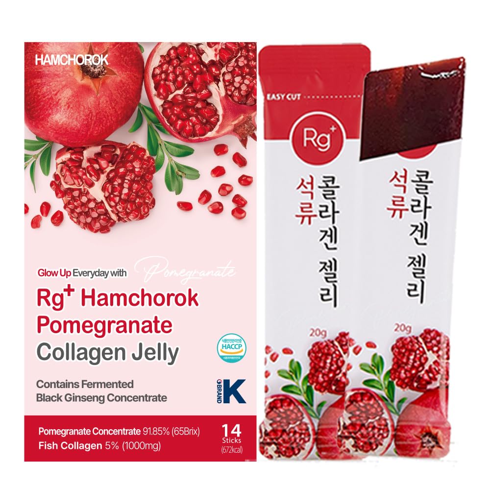 HAMCHOROK pomegranate collagen jelly sticks box with two red sachets and pomegranate fruit images