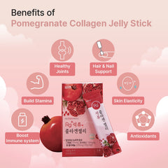 HAMCHOROK pomegranate collagen jelly sticks box and single stick with pomegranate and benefit icons on pink background