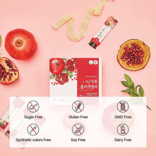 Pomegranate collagen jelly stick pack with fruit illustrations and free-from icons