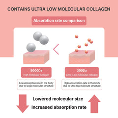 HAMCHOROK pomegranate collagen jelly sticks infographic showing ultra low molecular collagen absorption comparison 5000Da vs 300Da