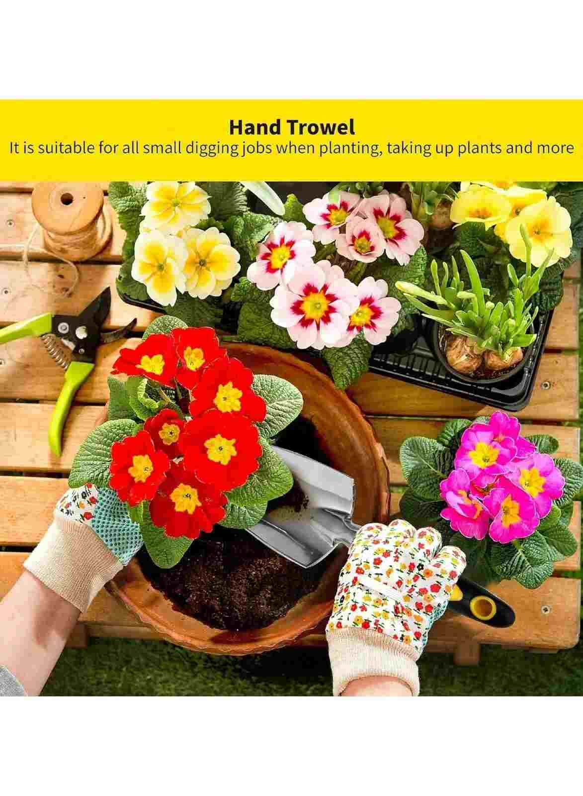 Huitich 3 piece garden tools for planting showing hand trowel with flowers and gardening gloves on wooden table