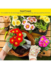 Huitich 3 piece garden tools for planting showing hand trowel with flowers and gardening gloves on wooden table