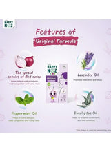 Kids runny nose relief patch features chart with Happy Noz Original box and oil icons