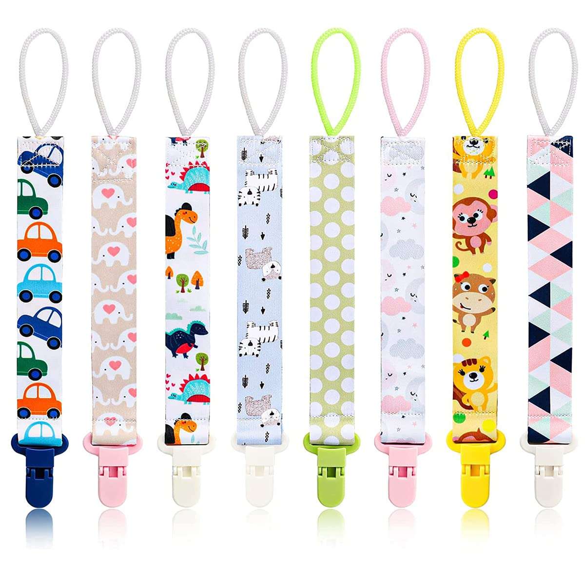 Colorful baby pacifier clips set with assorted animal car polka dot and geometric prints for infants