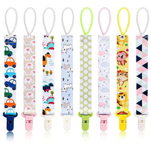 Pack of baby pacifier clip straps with colorful animal and toy patterns