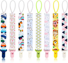 Colorful baby pacifier clips set with nine printed strap designs including cars elephants dinosaurs zebras polka dots and animals