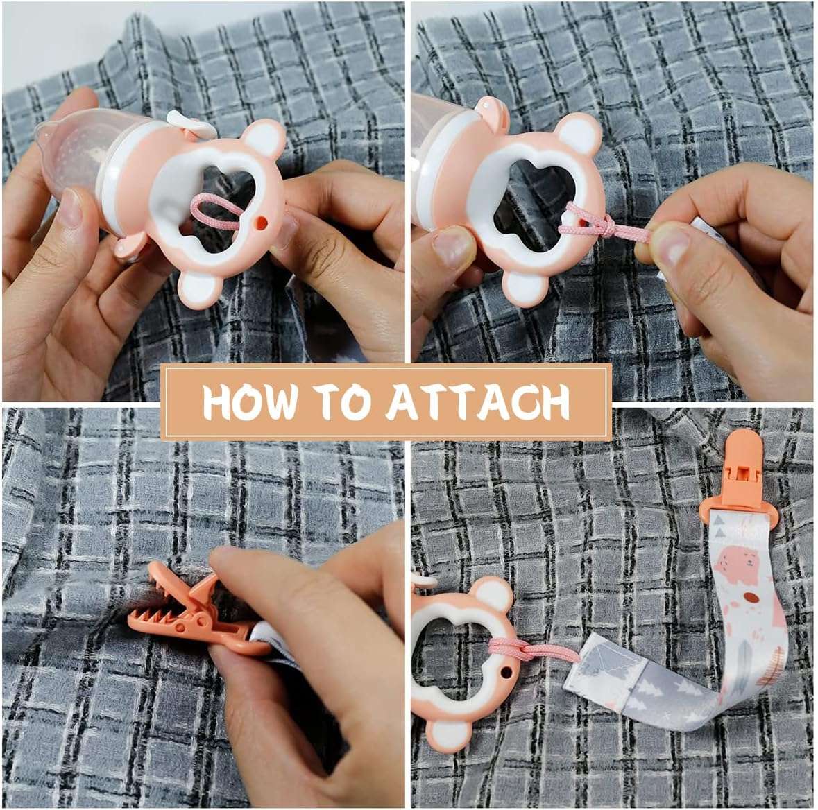 Instructional collage showing hands attaching a pink bear ring and patterned strap to a pacifier using baby pacifier clips set