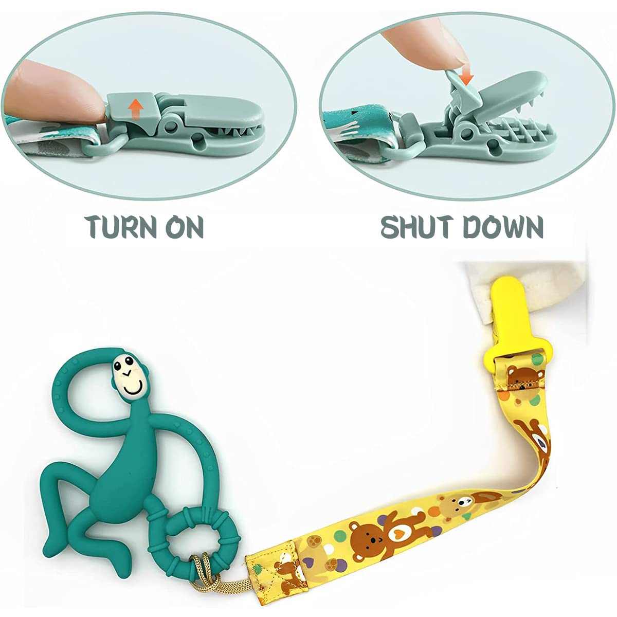 Teal monkey teether attached to yellow animal print baby pacifier clips set with plastic snap clip demo