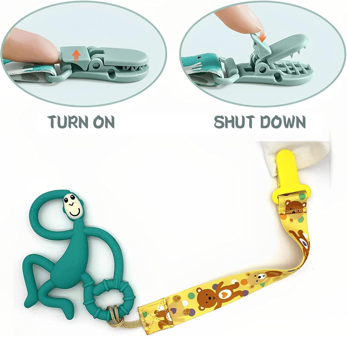 baby pacifier clips set featuring teal monkey silicone teether and yellow printed strap with secure clip