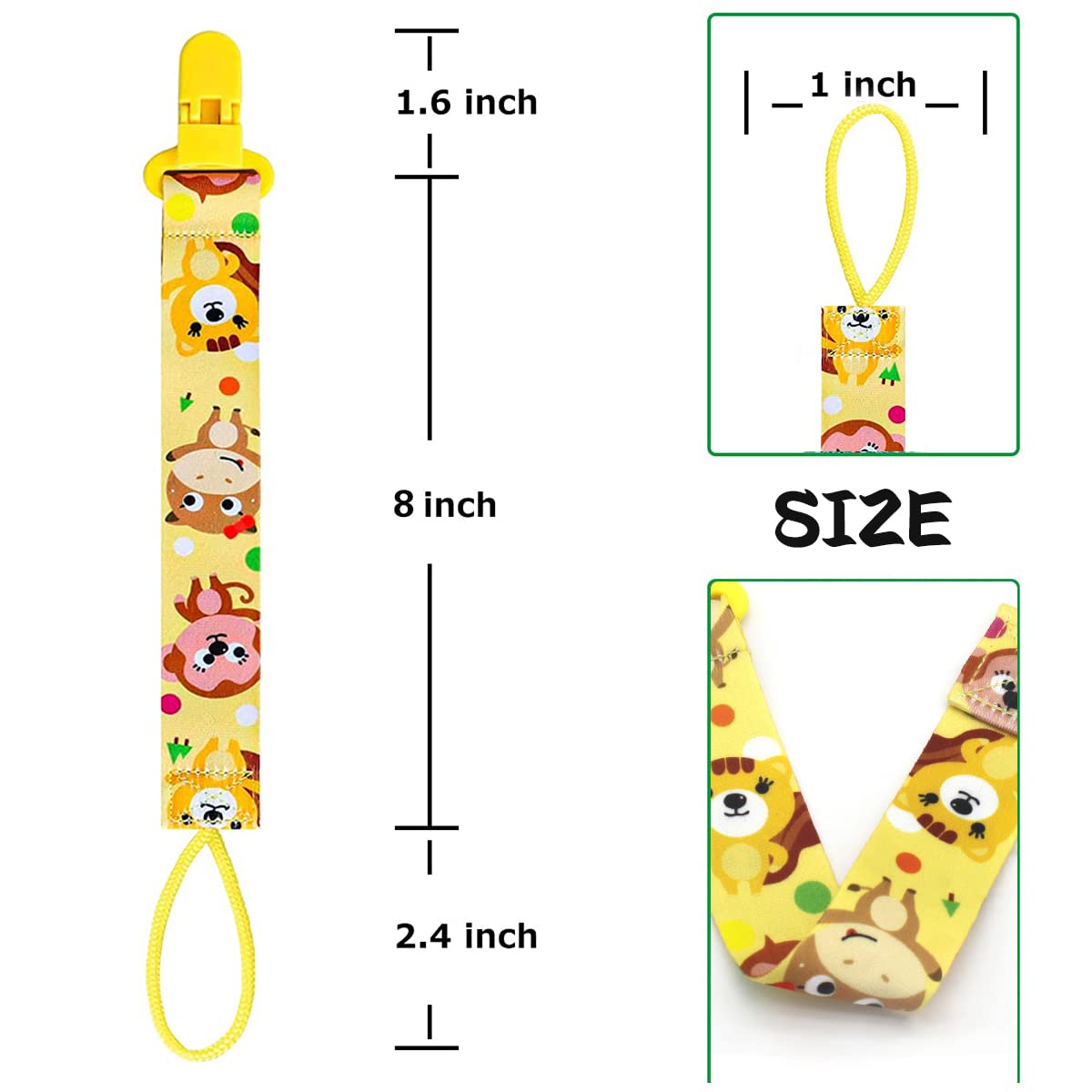 Yellow animal print baby pacifier clips set displayed with plastic clip loop and printed strap with size measurements