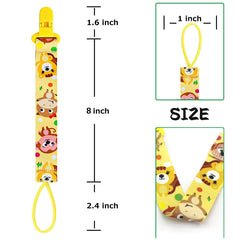 Yellow animal print baby pacifier clips set displayed with plastic clip loop and printed strap with size measurements