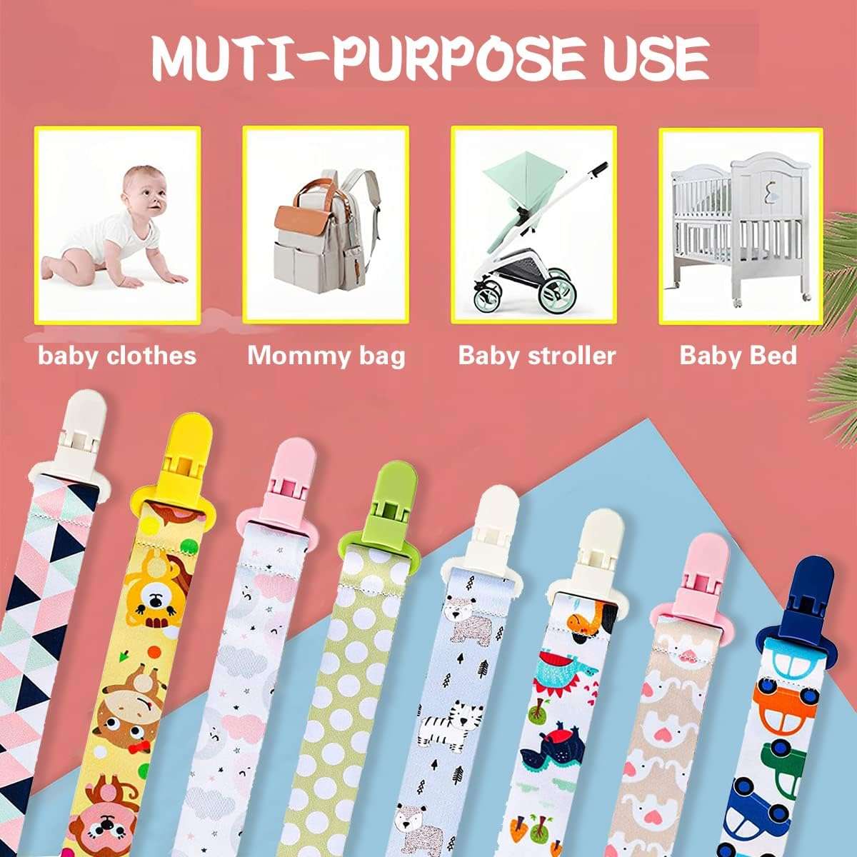 Colorful baby pacifier clips set with assorted patterns displayed with multipurpose icons for stroller bag crib
