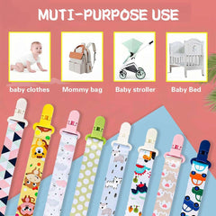 Colorful baby pacifier clips set with assorted patterns displayed with multipurpose icons for stroller bag crib