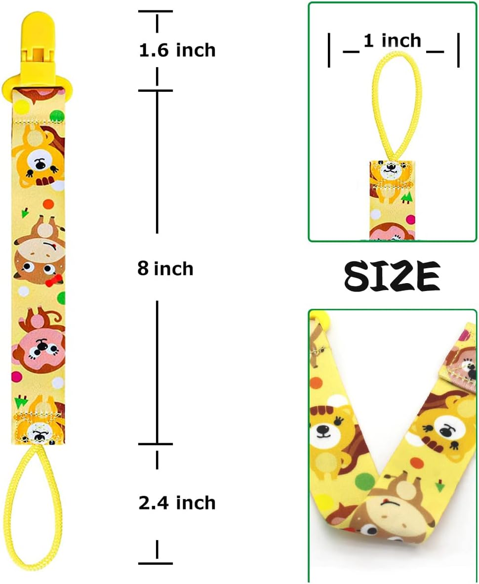 Yellow animal print baby pacifier clips set with nylon loop and size measurements shown