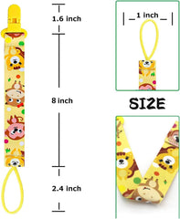 Yellow animal print baby pacifier clips set with nylon loop and size measurements shown