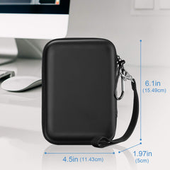 Black hard disk carrying case for travel with wrist strap and compact protective design