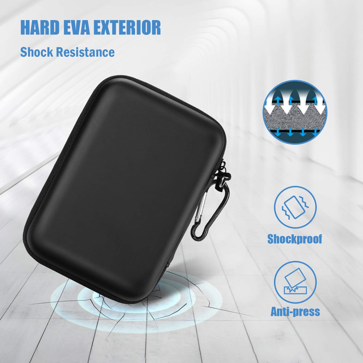Black hard disk carrying case for travel with hard EVA exterior, shock resistance, and anti-press features