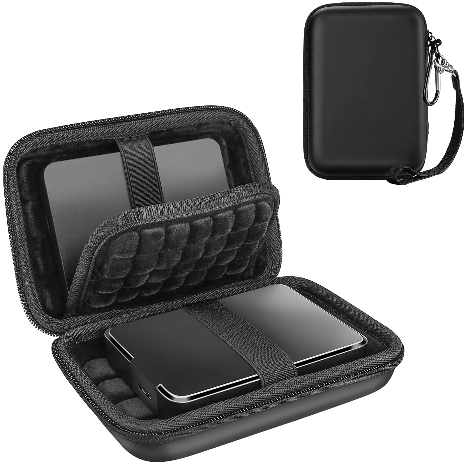 Black hard disk carrying case for travel with zipper and elastic strap to secure external hard drive