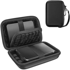 Black hard disk carrying case for travel with zipper and elastic strap to secure external hard drive