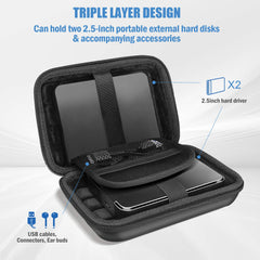 Hard disk carrying case for travel with triple layer design holds two 2.5 inch external hard disks and accessories