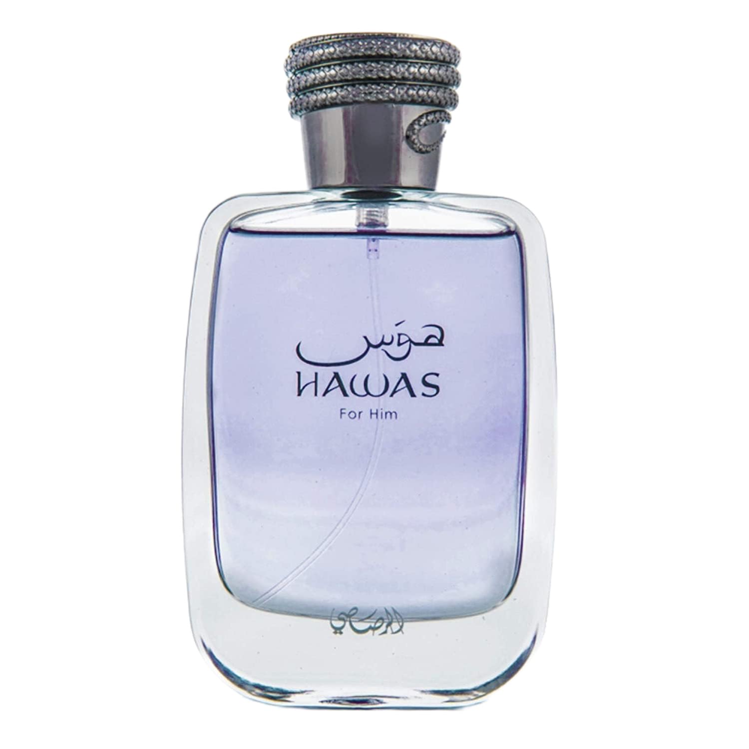 RASASI Hawas perfume for men clear bottle with purple liquid and decorative silver cap