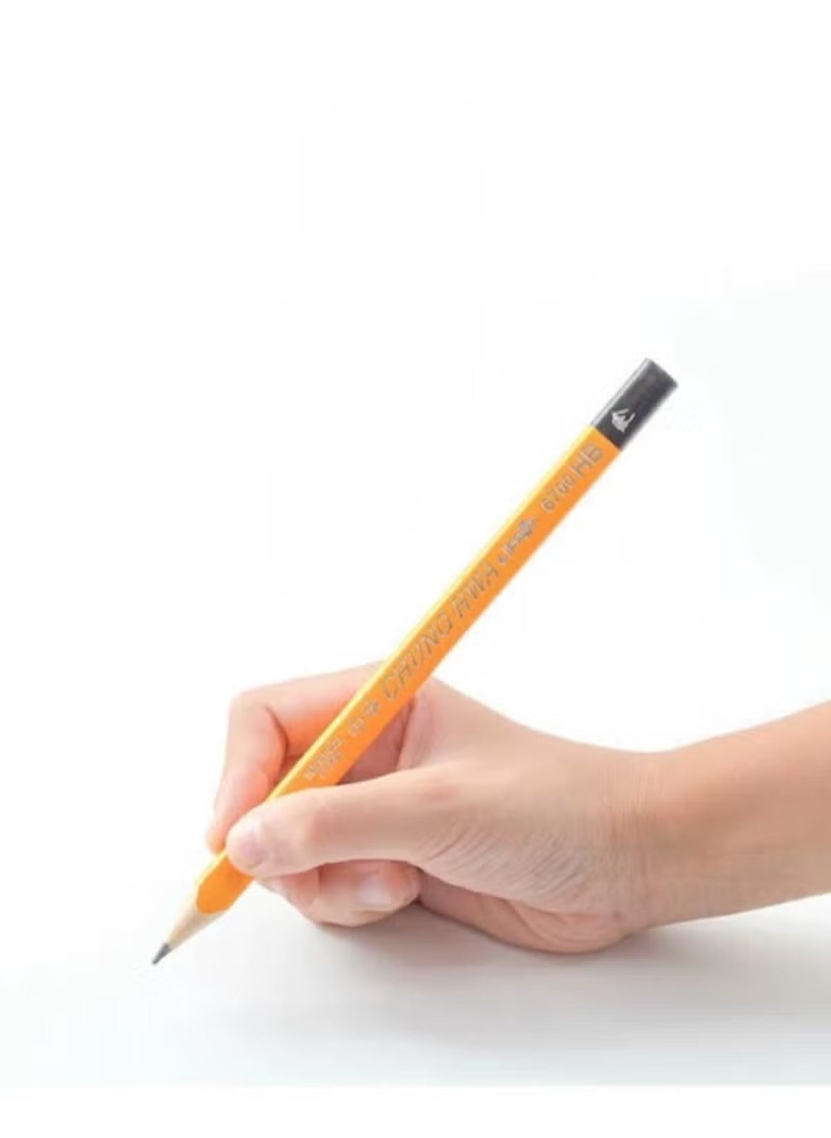 Hand holding Huitich HB hexagonal wood pencils set with orange wooden body and sharpened tip