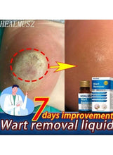 Wart remover serum bottle with skin improvement callout and circled patch