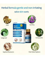 Wart remover serum with herbal ingredient icons and amber bottle