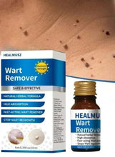 Wart remover serum box and amber bottle beside skin with small dark spots