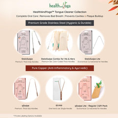 HealthAndYoga metal tongue cleaner collection showing stainless steel and copper tongue scrapers with packaging and travel pouches