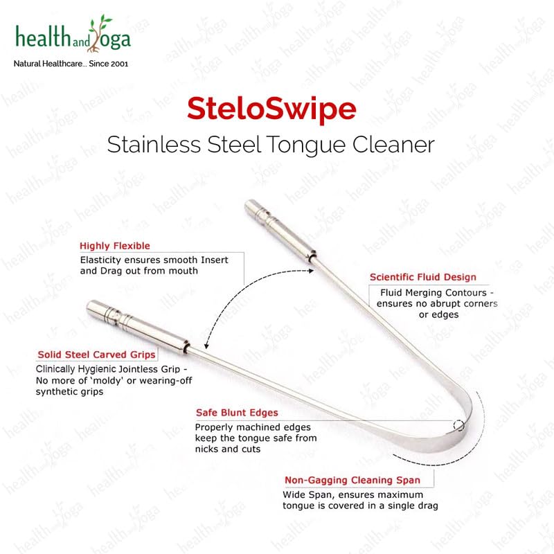 HealthAndYoga metal tongue cleaner SteloSwipe stainless steel tongue scraper with blunt edges and carved grips