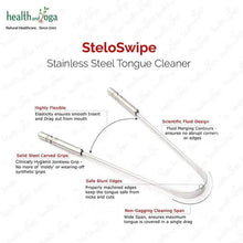 Stainless steel tongue cleaner with curved loop design, shown from angled view