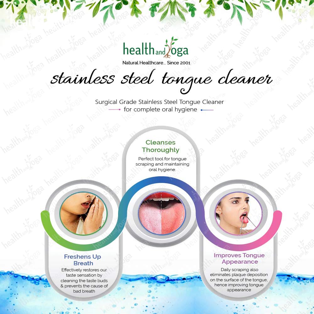 HealthAndYoga metal tongue cleaner stainless steel tongue scraper showing packaging benefits and usage examples