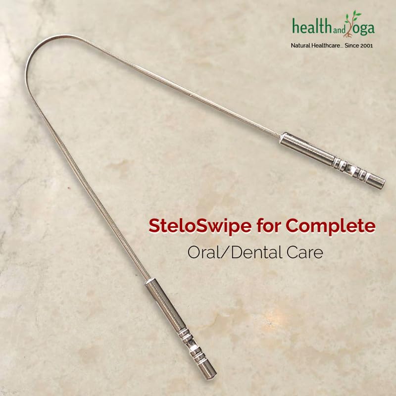 HealthAndYoga metal tongue cleaner stainless steel U shaped tongue scraper with textured handles on marble background
