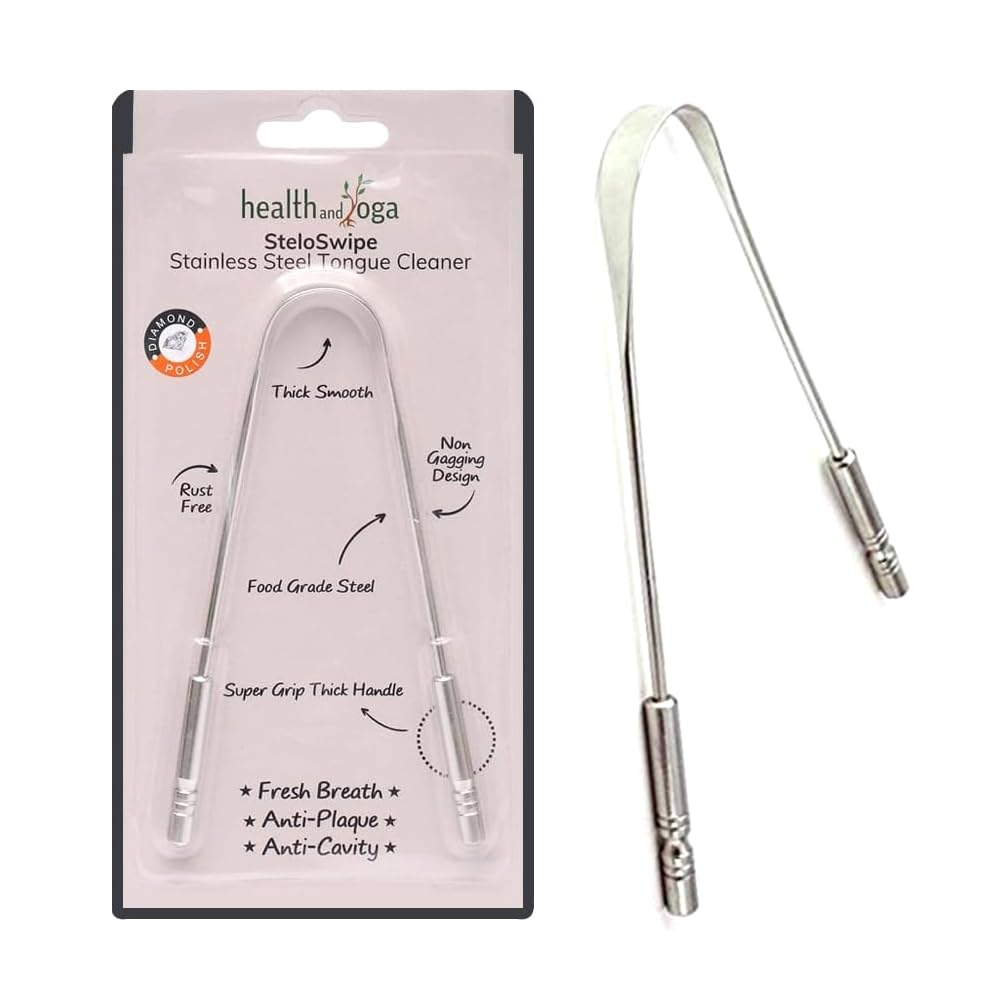 HealthAndYoga metal tongue cleaner stainless steel U shaped tongue scraper with grip handles packaged and loose for fresh breath