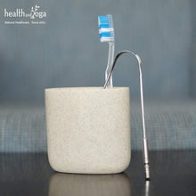 Stainless steel tongue cleaner with long handle and blue bristle cleaning head