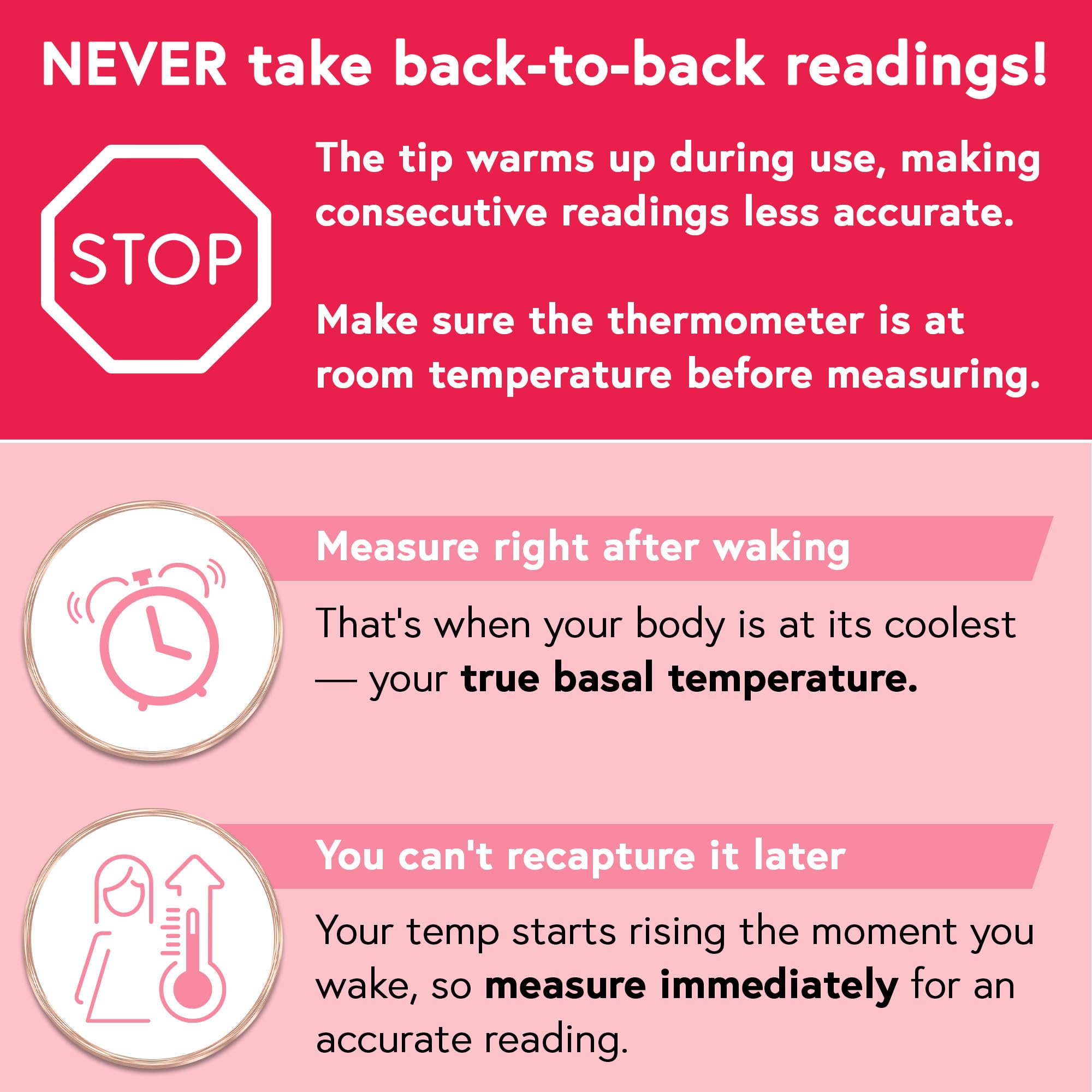 Infographic advising to measure immediately after waking with tips for a digital basal body thermometer UAE